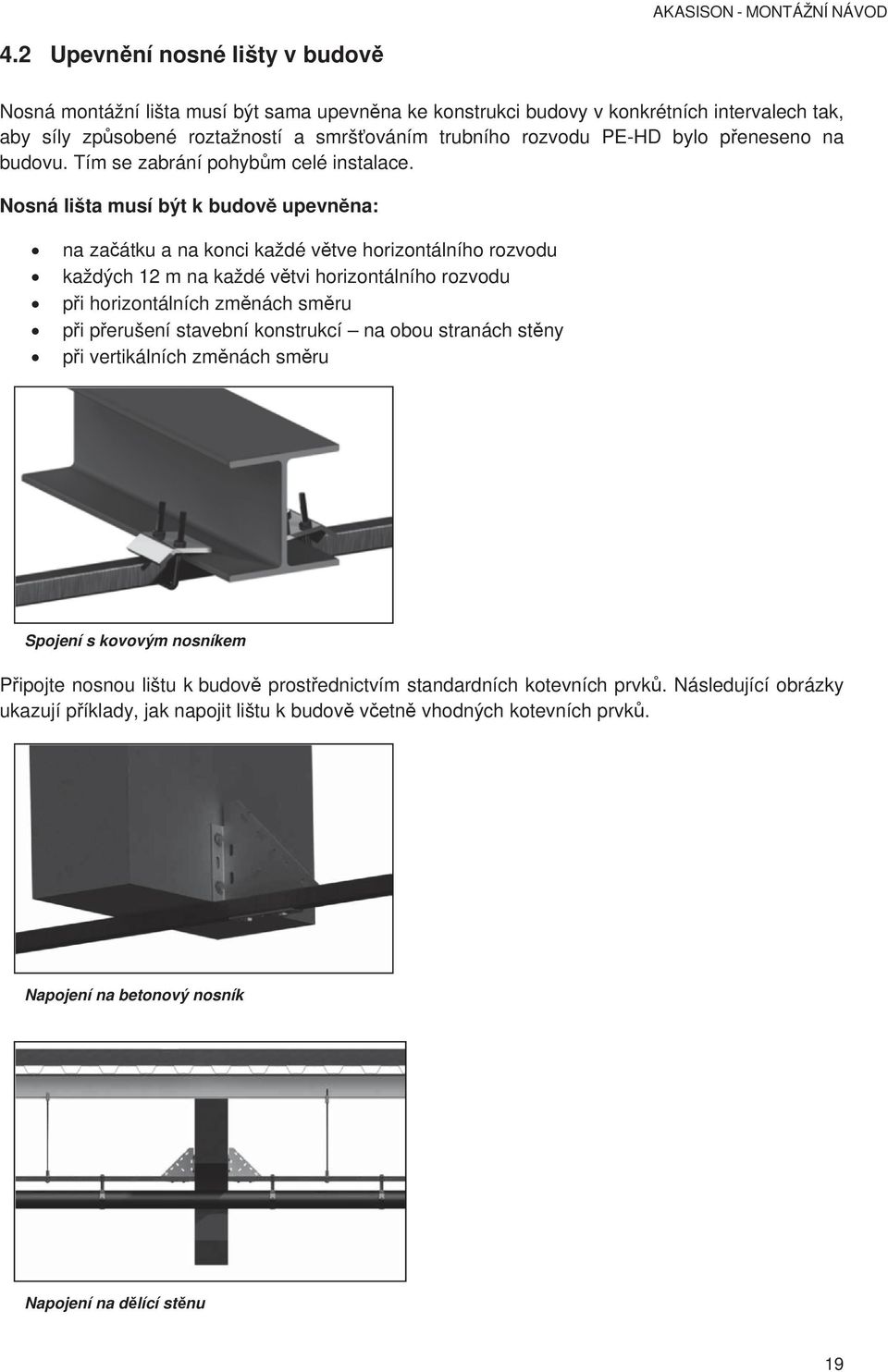 Nosná lišta musí být k budov upevn na: na za átku a na konci každé v tve horizontálního rozvodu každých 12 m na každé v tvi horizontálního rozvodu p i horizontálních zm nách sm ru p i p erušení