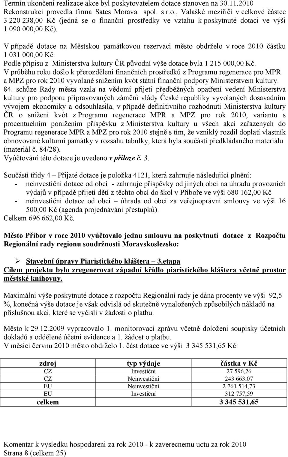 V průběhu roku došlo k přerozdělení finančních prostředků z Programu regenerace pro MPR a MPZ pro rok 2010 vyvolané snížením kvót státní finanční podpory Ministerstvem kultury. 84.