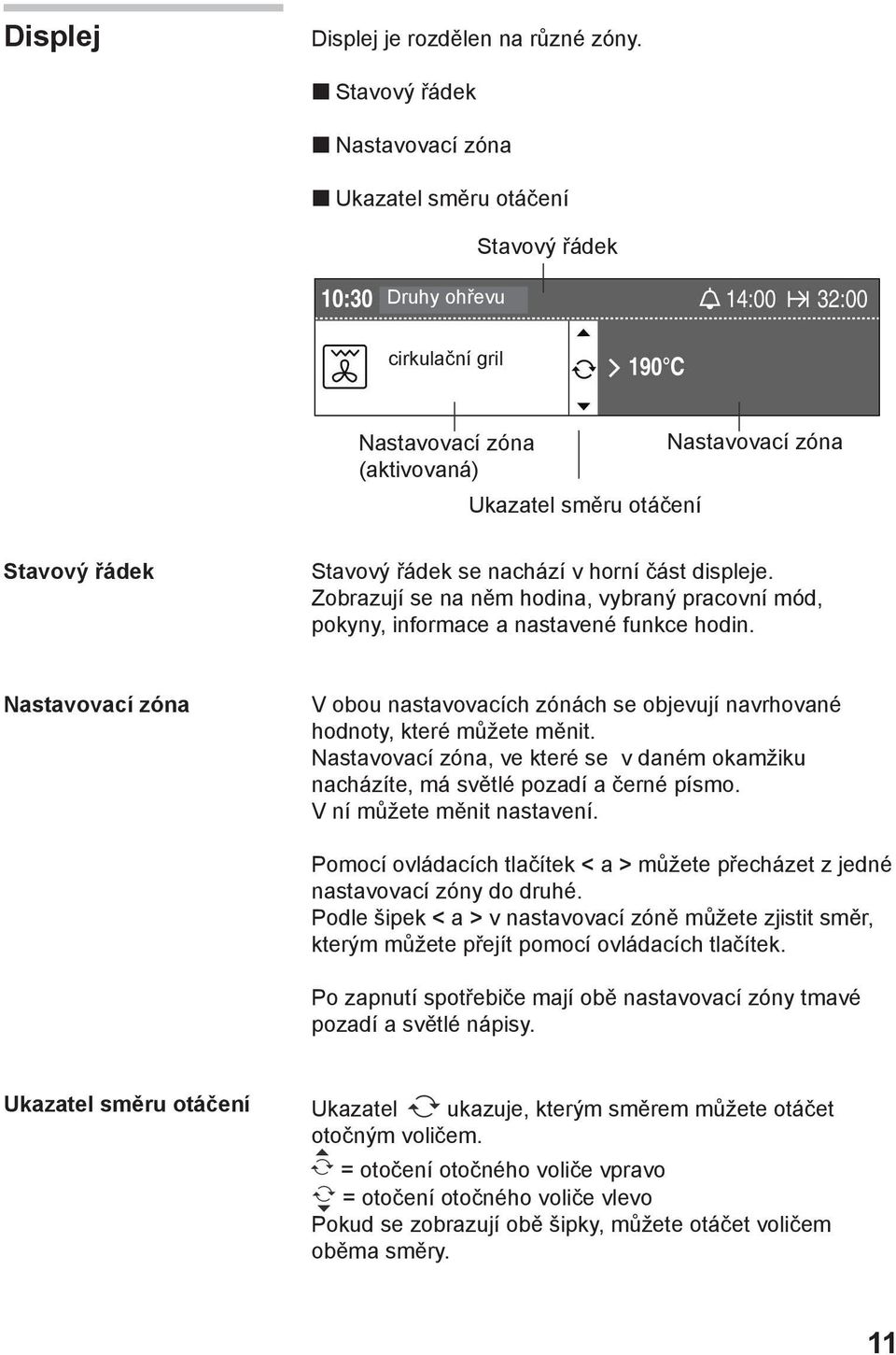 nachází v horní část displeje. Zobrazují se na něm hodina, vybraný pracovní mód, pokyny, informace a nastavené funkce hodin.