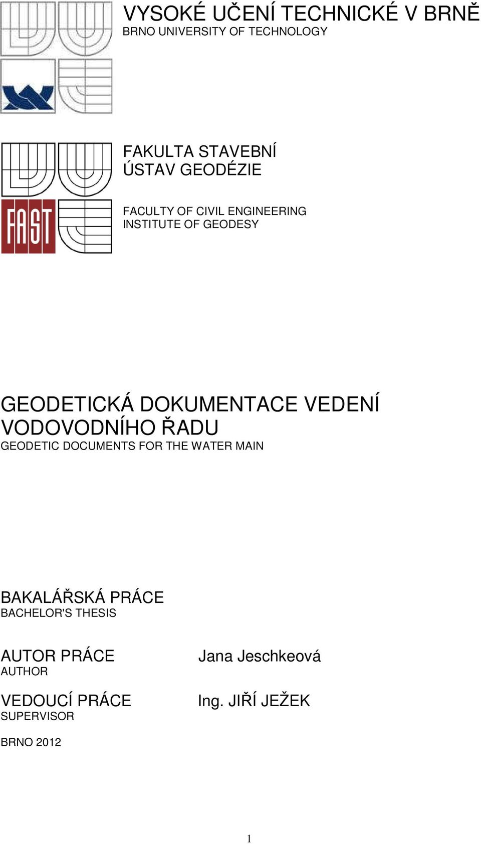 VEDENÍ VODOVODNÍHO ŘADU GEODETIC DOCUMENTS FOR THE WATER MAIN BAKALÁŘSKÁ PRÁCE