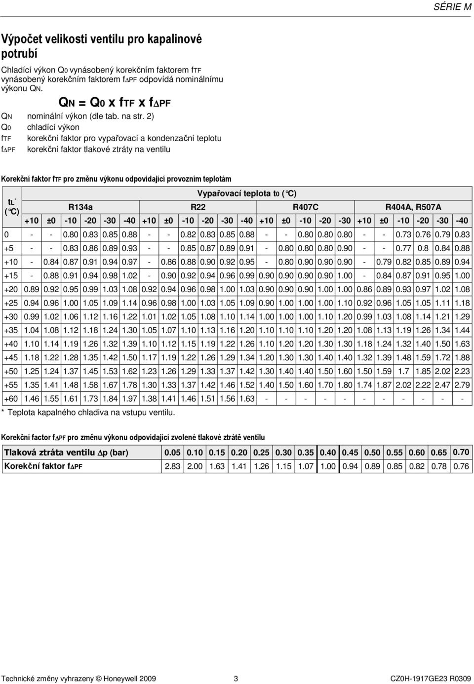 2) Q0 chladící výkon ftf korekční faktor pro vypařovací a kondenzační teplotu f PF korekční faktor tlakové ztráty na ventilu Korekční faktor ftf pro změnu výkonu odpovídající provozním teplotám tl *