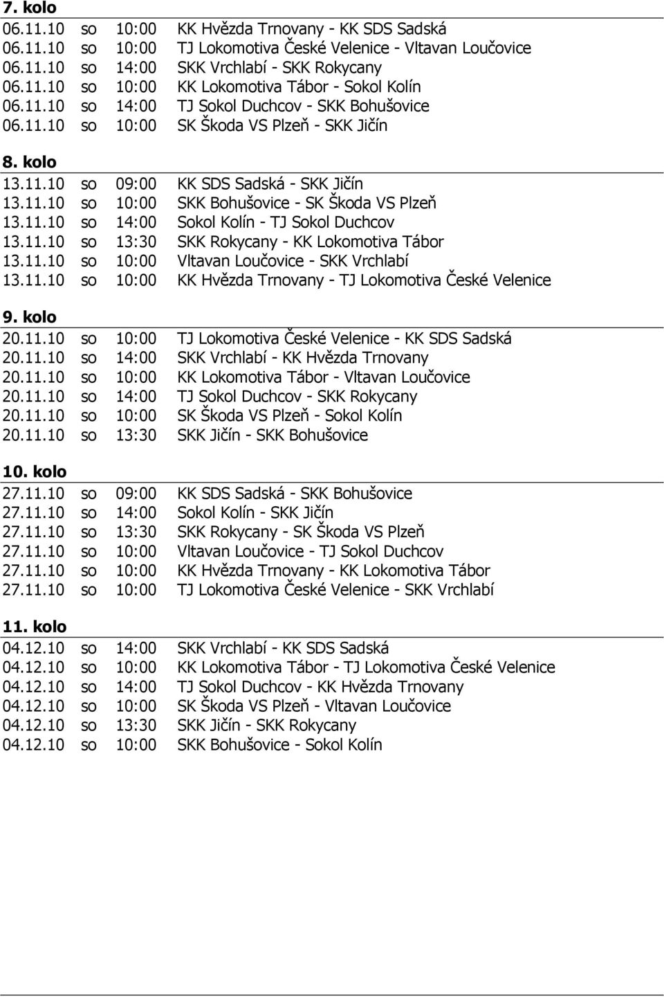 11.10 so 14:00 Sokol Kolín - TJ Sokol Duchcov 13.11.10 so 13:30 SKK Rokycany - KK Lokomotiva Tábor 13.11.10 so 10:00 Vltavan Loučovice - SKK Vrchlabí 13.11.10 so 10:00 KK Hvězda Trnovany - TJ Lokomotiva České Velenice 9.