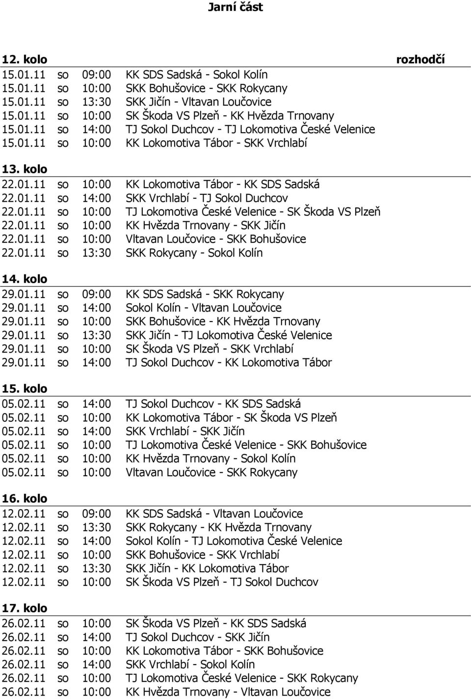 01.11 so 10:00 TJ Lokomotiva České Velenice - SK Škoda VS Plzeň 22.01.11 so 10:00 KK Hvězda Trnovany - SKK Jičín 22.01.11 so 10:00 Vltavan Loučovice - SKK Bohušovice 22.01.11 so 13:30 SKK Rokycany - Sokol Kolín 14.