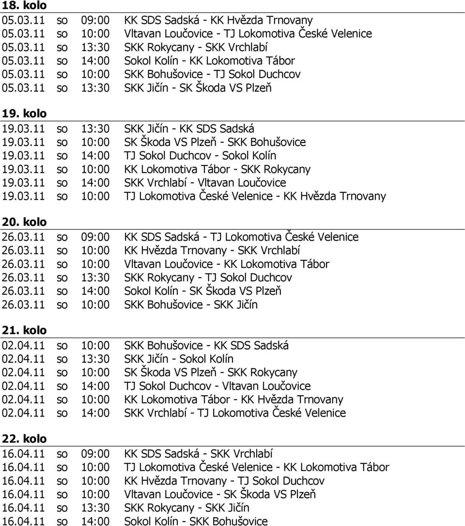 03.11 so 14:00 TJ Sokol Duchcov - Sokol Kolín 19.03.11 so 10:00 KK Lokomotiva Tábor - SKK Rokycany 19.03.11 so 14:00 SKK Vrchlabí - Vltavan Loučovice 19.03.11 so 10:00 TJ Lokomotiva České Velenice - KK Hvězda Trnovany 20.