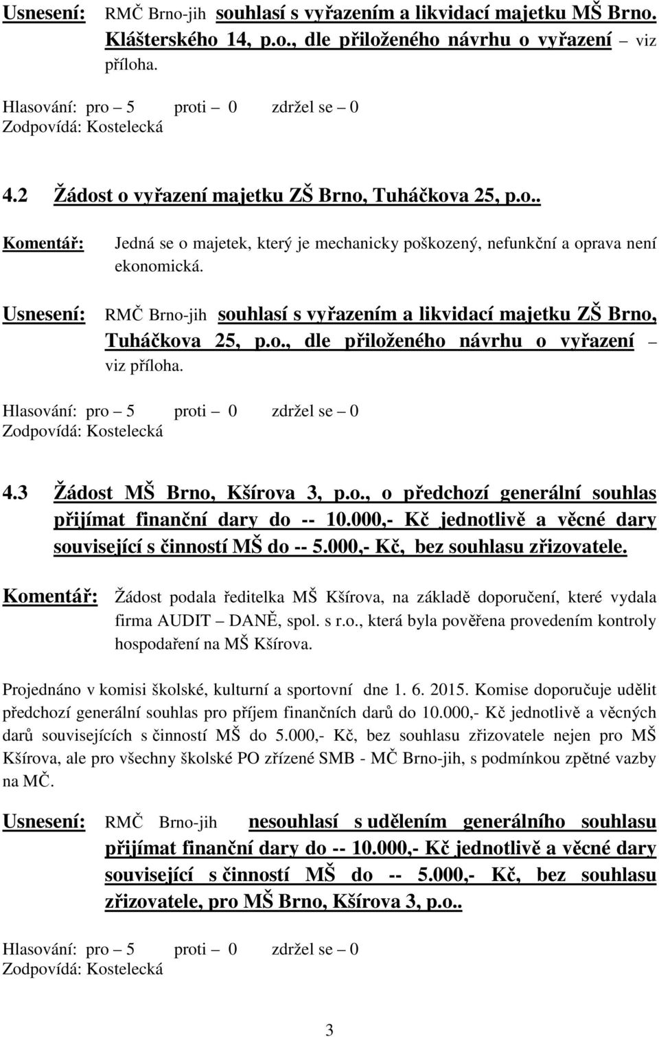 Usnesení: RMČ Brno-jih souhlasí s vyřazením a likvidací majetku ZŠ Brno, Tuháčkova 25, p.o., dle přiloženého návrhu o vyřazení viz příloha. Zodpovídá: Kostelecká 4.3 Žádost MŠ Brno, Kšírova 3, p.o., o předchozí generální souhlas přijímat finanční dary do -- 10.