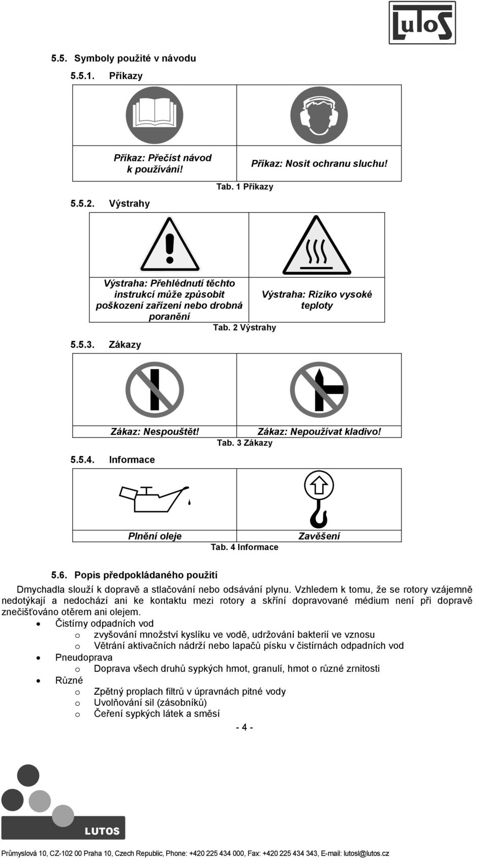 Informace Zákaz: Nepoužívat kladivo! Tab. 3 Zákazy Plnní oleje Tab. 4 Informace Zavšení 5.6. Popis pedpokládaného použití Dmychadla slouží k doprav a stlaování nebo odsávání plynu.