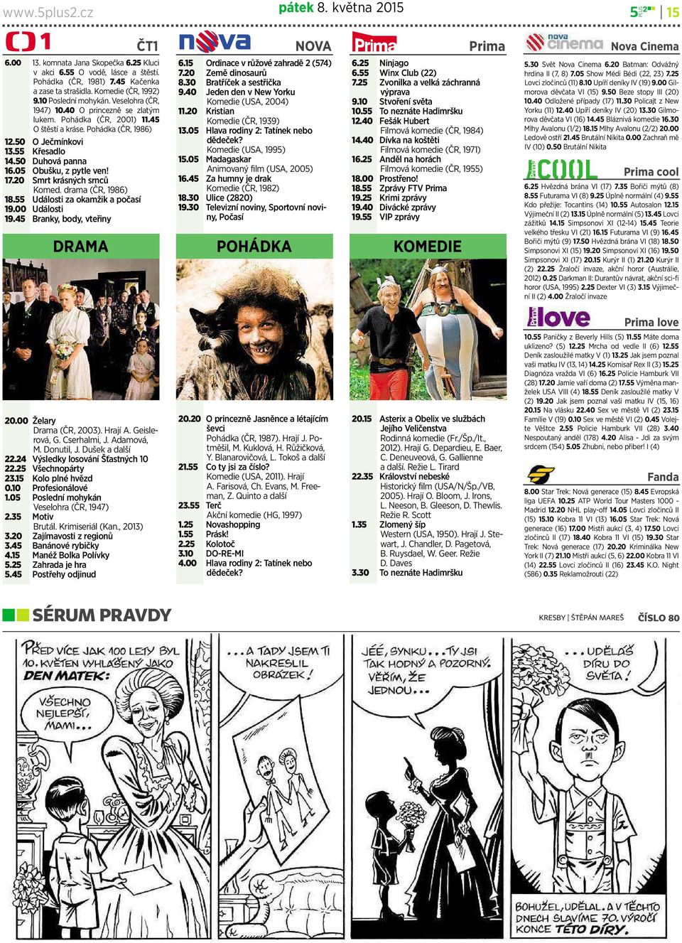 05 Obušku, zpytle ven! 17.20 Smrt krásných srnců Komed. drama (ČR, 1986) 18.55 Události za okamžik apočasí 19.00 Události 19.45 Branky, body,vteřiny NOVA 6.15 Ordinace v růžové zahradě 2(574) 7.