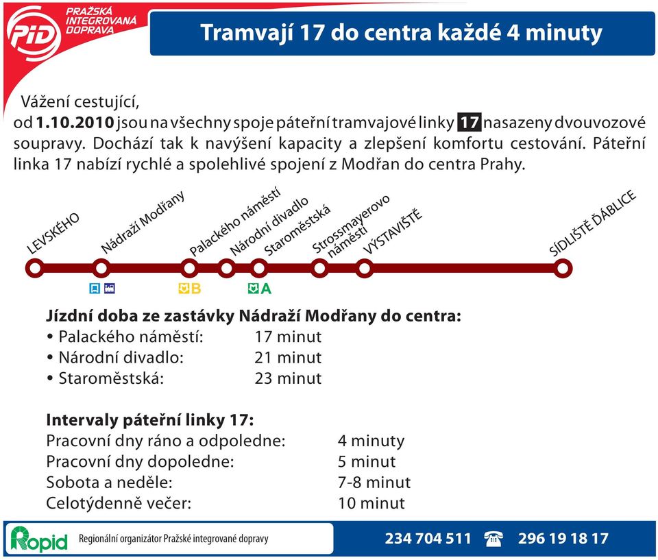 Jízdní doba ze zastávky Nádraží Modřany do centra: Palackého náměstí: 17 minut Národní divadlo: 21 minut Staroměstská: 23 minut Intervaly páteřní linky 17: