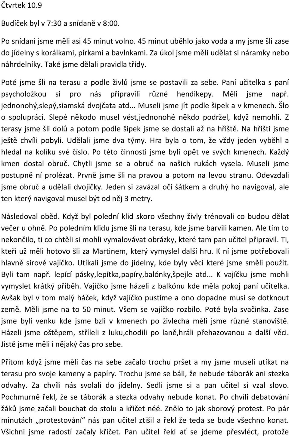 Paní učitelka s paní psycholožkou si pro nás připravili různé hendikepy. Měli jsme např. jednonohý,slepý,siamská dvojčata atd... Museli jsme jít podle šipek a v kmenech. Šlo o spolupráci.