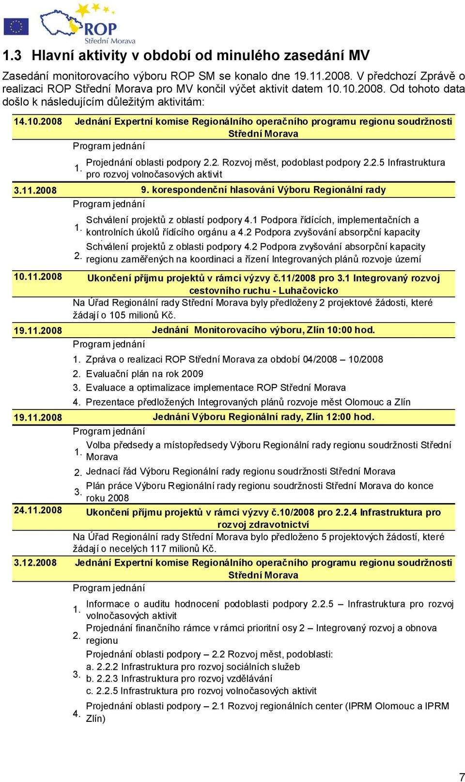 2008 Jednání Expertní komise Regionálního operačního programu regionu soudržnosti Střední Morava Program jednání Projednání oblasti podpory 2.2. Rozvoj měst, podoblast podpory 2.2.5 Infrastruktura 1.