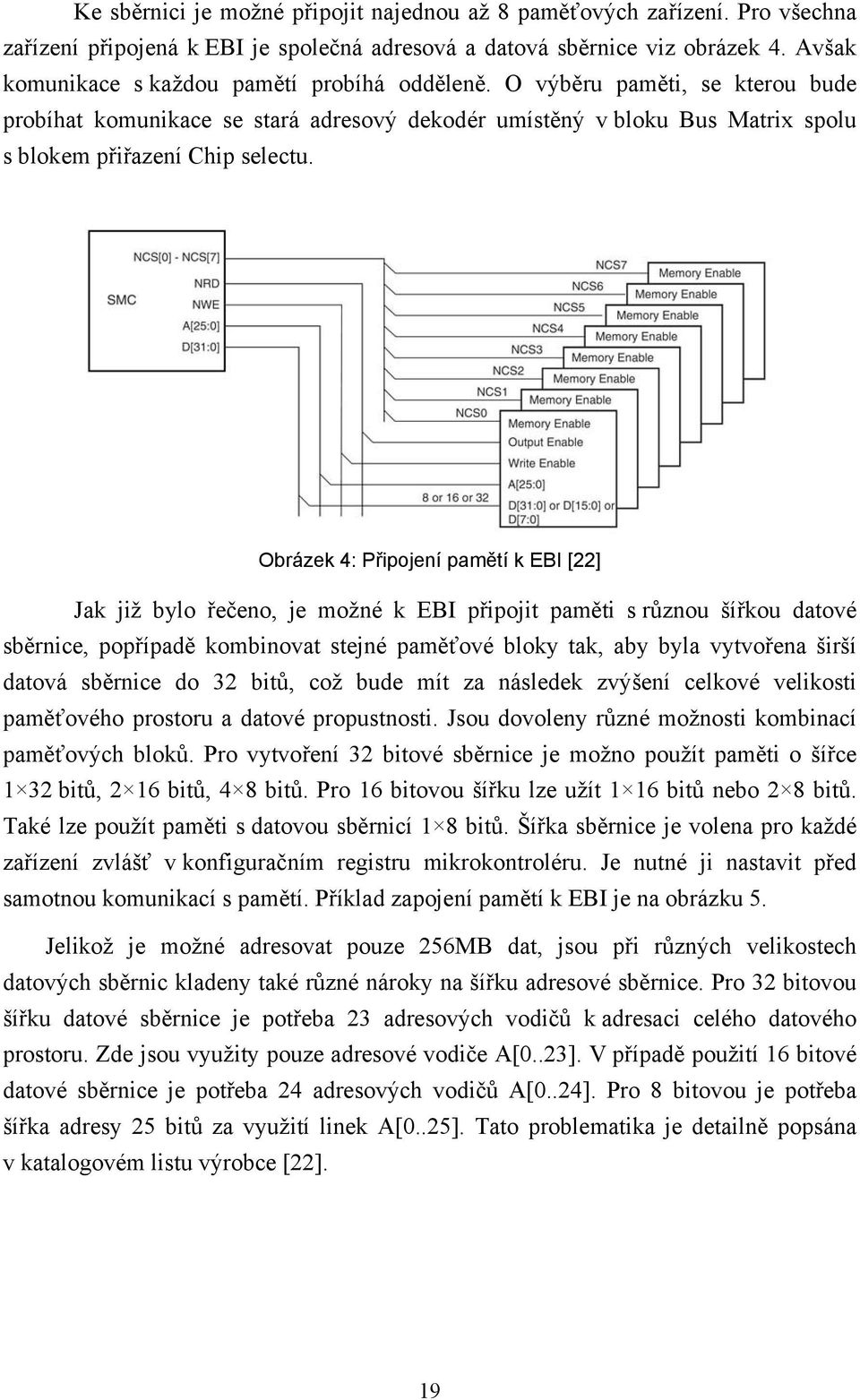 Obrázek 4: Připojení pamětí k EBI [22] Jak již bylo řečeno, je možné k EBI připojit paměti s různou šířkou datové sběrnice, popřípadě kombinovat stejné paměťové bloky tak, aby byla vytvořena širší