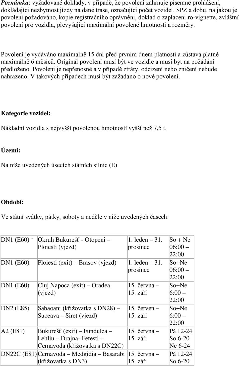 Povolení je vydáváno maximálně 15 dní před prvním dnem platnosti a zůstává platné maximálně 6 měsíců. Originál povolení musí být ve vozidle a musí být na požádání předloženo.