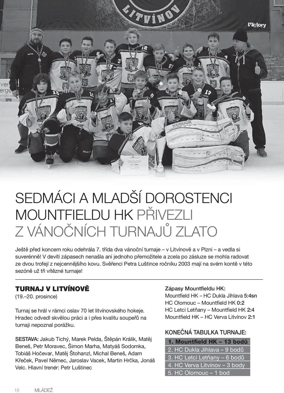 Svěřenci Petra Luštince ročníku 2003 mají na svém kontě v této sezóně už tři vítězné turnaje! TURNAJ V LITVÍNOVĚ (19. 20. prosince) Turnaj se hrál v rámci oslav 70 let litvínovského hokeje.