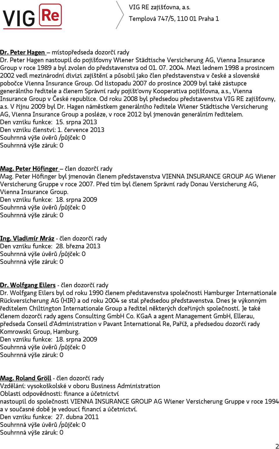 Od listopadu 2007 do prosince 2009 byl také zástupce generálního ředitele a členem Správní rady pojišt'ovny Kooperativa pojišťovna, a.s., Vienna Insurance Group v České republice.