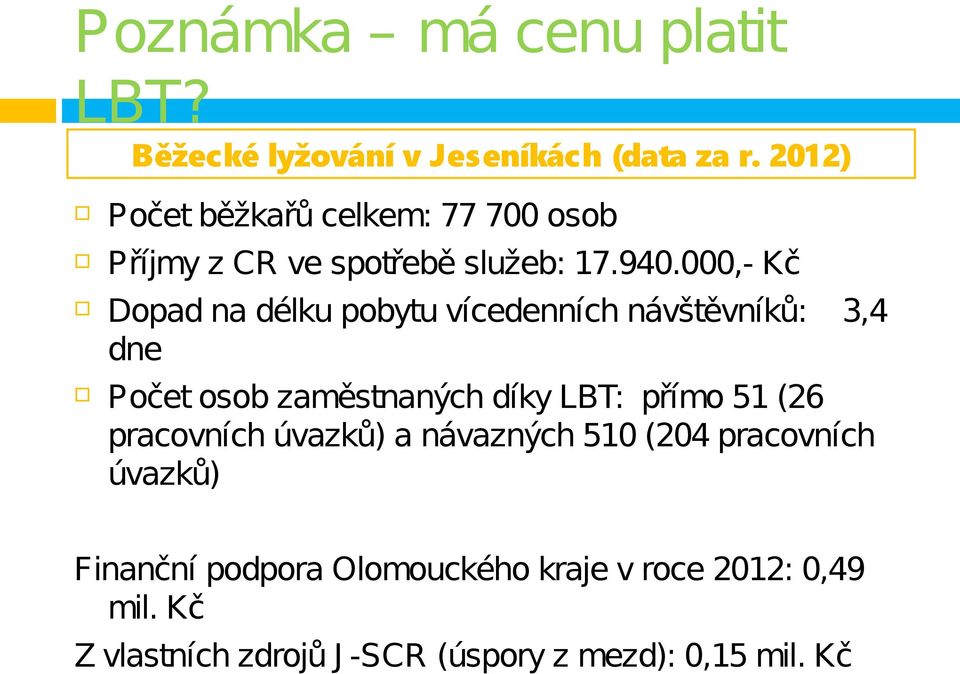 000,- Kč Dopad na délku pobytu vícedenních návštěvníků: 3,4 dne Počet osob zaměstnaných díky LBT: přímo 51