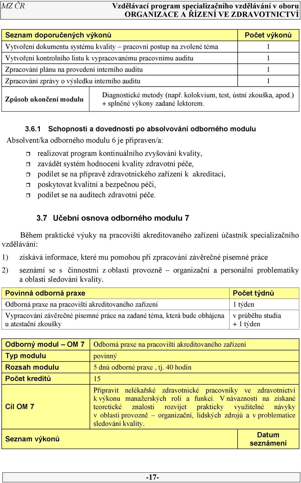 3.6.1 Schopnosti a dovednosti po absolvování odborného modulu Absolvent/ka odborného modulu 6 je připraven/a: realizovat program kontinuálního zvyšování kvality, zavádět systém hodnocení kvality