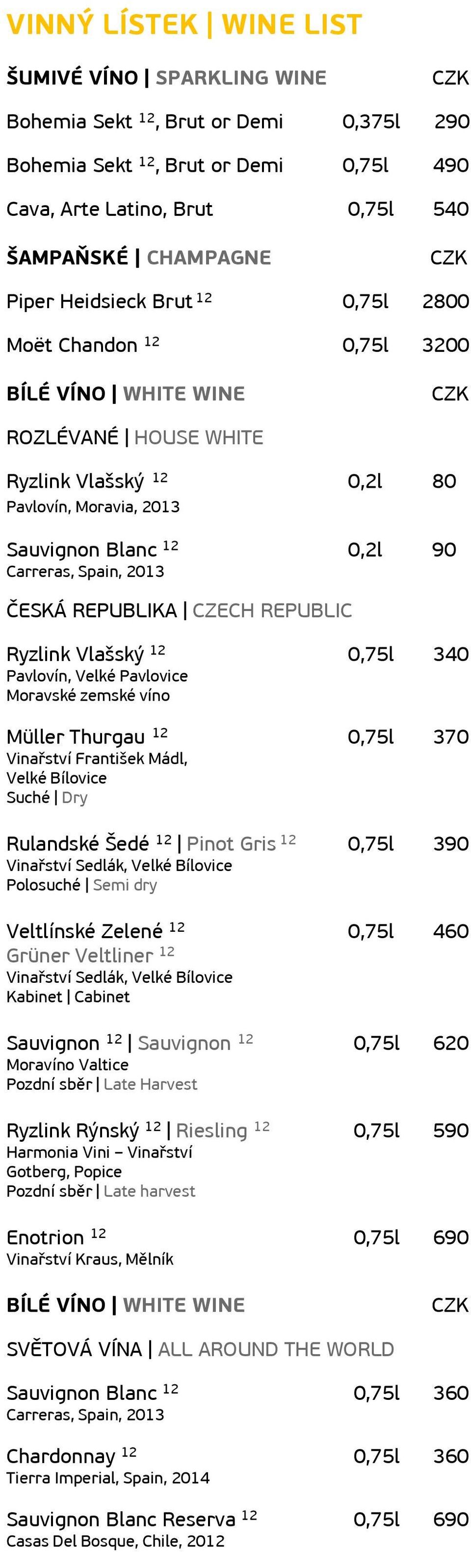 ČESKÁ REPUBLIKA CZECH REPUBLIC Ryzlink Vlašský 12 0,75l 340 Pavlovín, Velké Pavlovice Moravské zemské víno Müller Thurgau 12 0,75l 370 Vinařství František Mádl, Velké Bílovice Suché Dry Rulandské