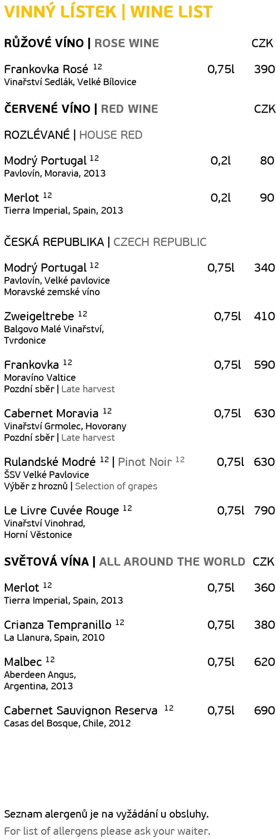 Vinařství, Tvrdonice Frankovka 12 0,75l 590 Moravíno Valtice Pozdní sběr Late harvest Cabernet Moravia 12 0,75l 630 Vinařství Grmolec, Hovorany Pozdní sběr Late harvest Rulandské Modré 12 Pinot Noir