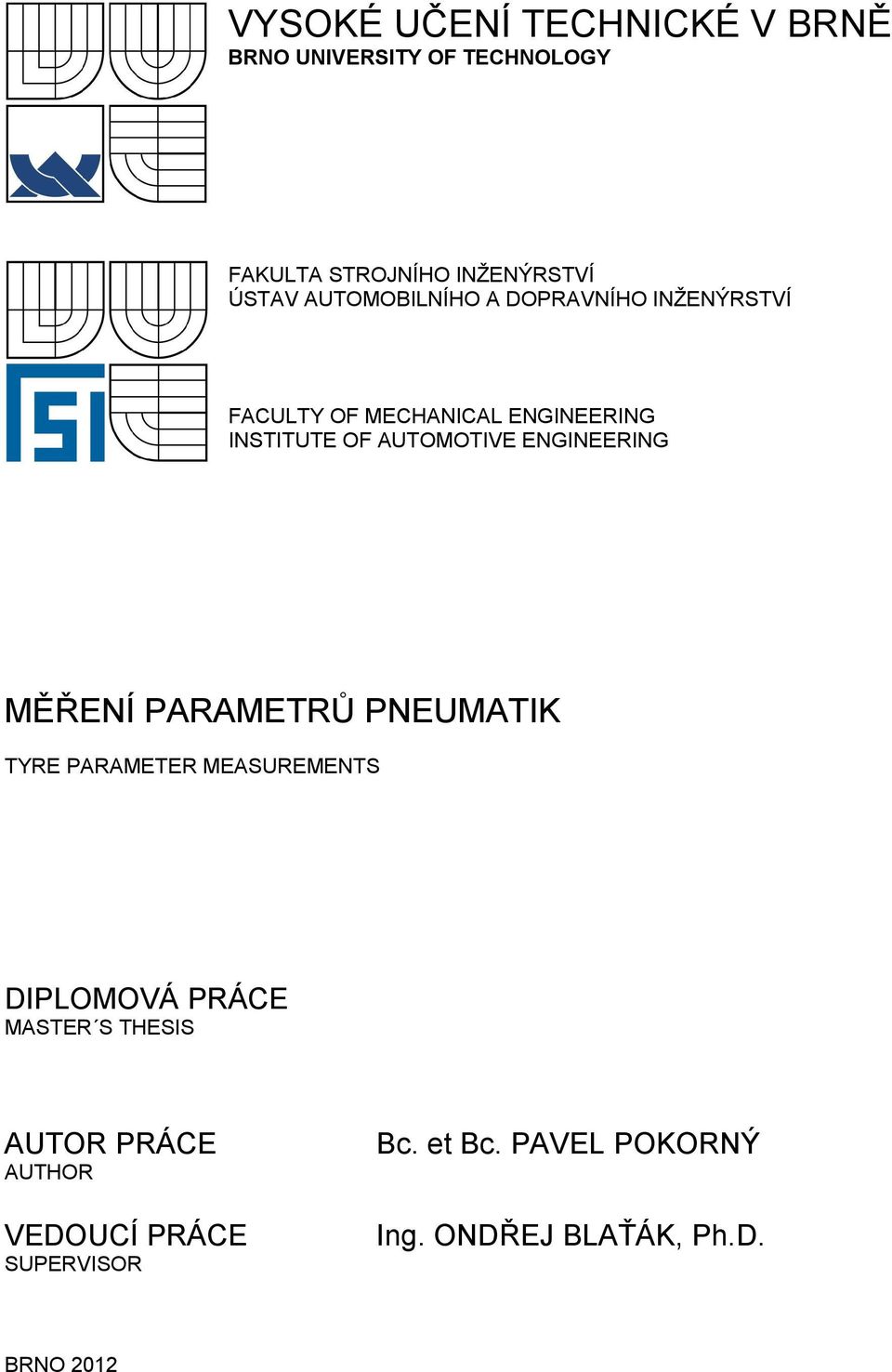 OF AUTOMOTIVE ENGINEERING TYRE PARAMETER MEASUREMENTS DIPLOMOVÁ PRÁCE MASTER S THESIS