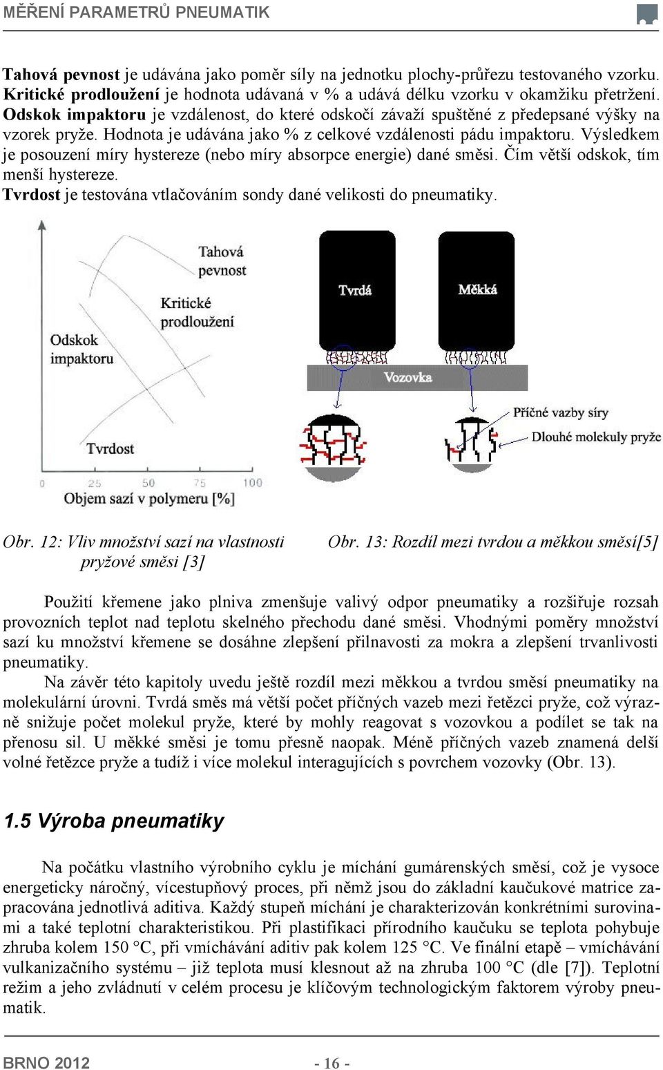 Výsledkem je posouzení míry hystereze (nebo míry absorpce energie) dané směsi. Čím větší odskok, tím menší hystereze. Tvrdost je testována vtlačováním sondy dané velikosti do pneumatiky. Obr.