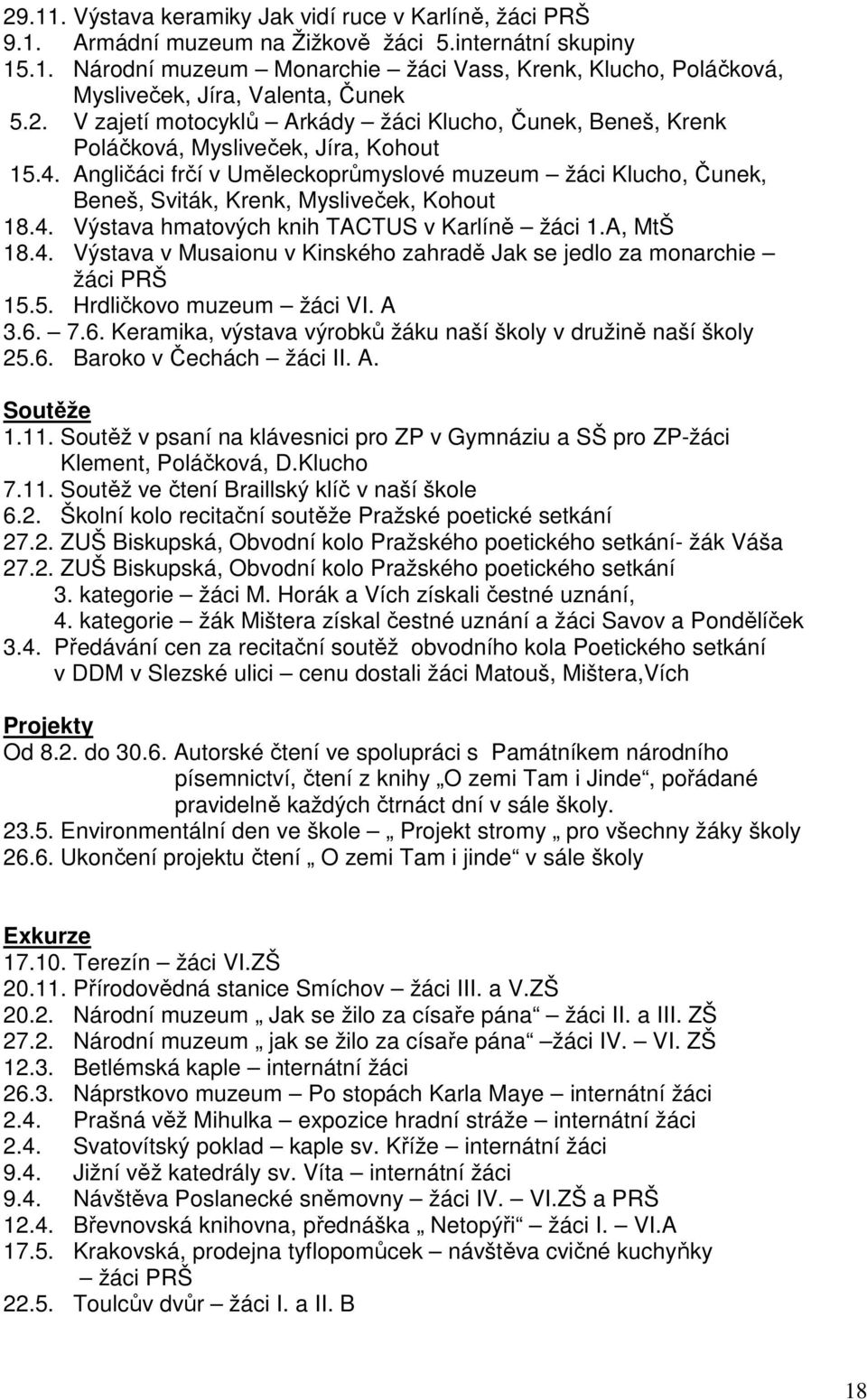 Angličáci frčí v Uměleckoprůmyslové muzeum žáci Klucho, Čunek, Beneš, Sviták, Krenk, Mysliveček, Kohout 18.4. Výstava hmatových knih TACTUS v Karlíně žáci 1.A, MtŠ 18.4. Výstava v Musaionu v Kinského zahradě Jak se jedlo za monarchie žáci PRŠ 15.