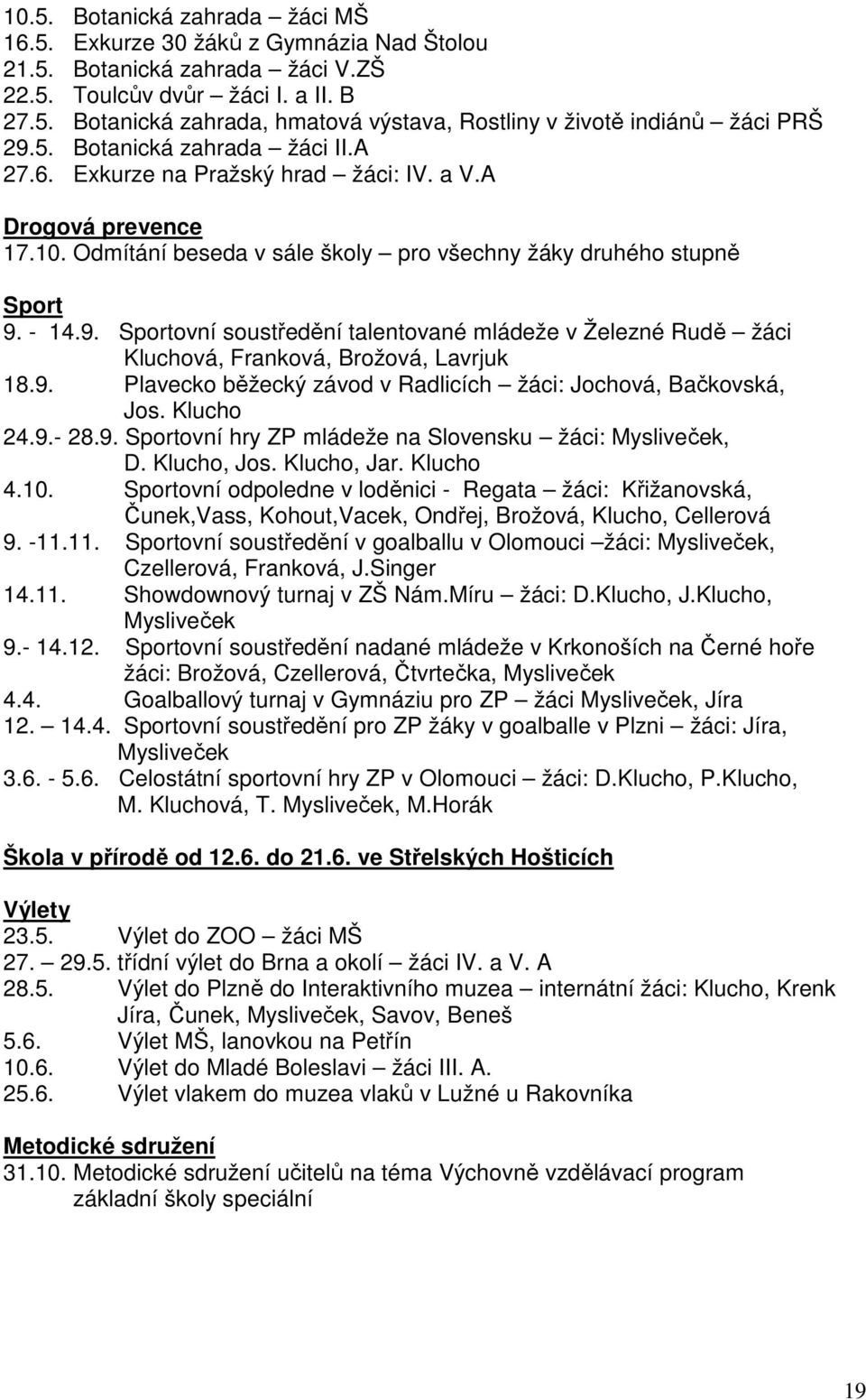 - 14.9. Sportovní soustředění talentované mládeže v Železné Rudě žáci Kluchová, Franková, Brožová, Lavrjuk 18.9. Plavecko běžecký závod v Radlicích žáci: Jochová, Bačkovská, Jos. Klucho 24.9.- 28.9. Sportovní hry ZP mládeže na Slovensku žáci: Mysliveček, D.