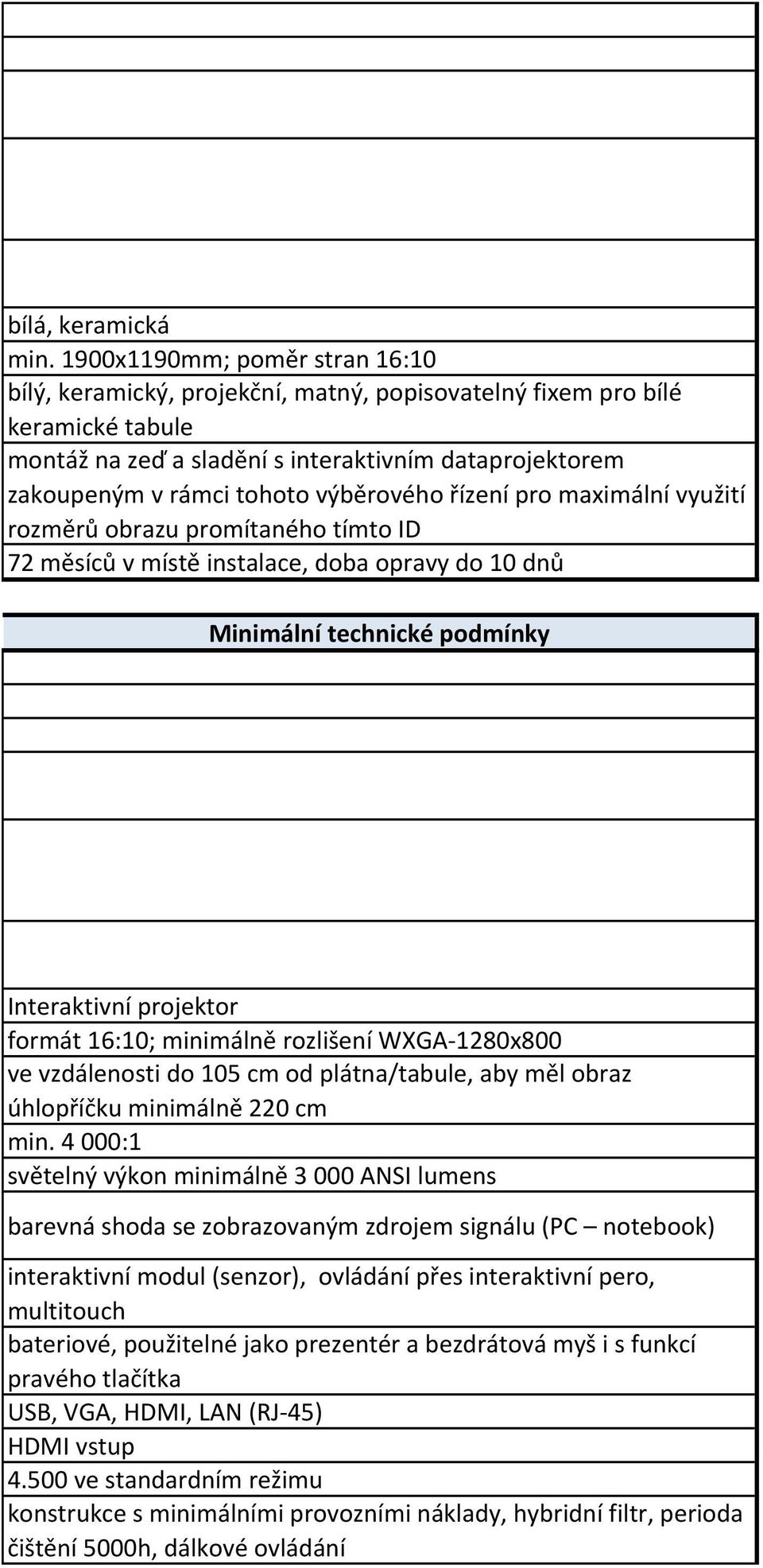 výběrového řízení pro maximální využití rozměrů obrazu promítaného tímto ID 72 měsíců v místě instalace, doba opravy do 10 dnů Minimální technické podmínky Interaktivní projektor formát 16:10;