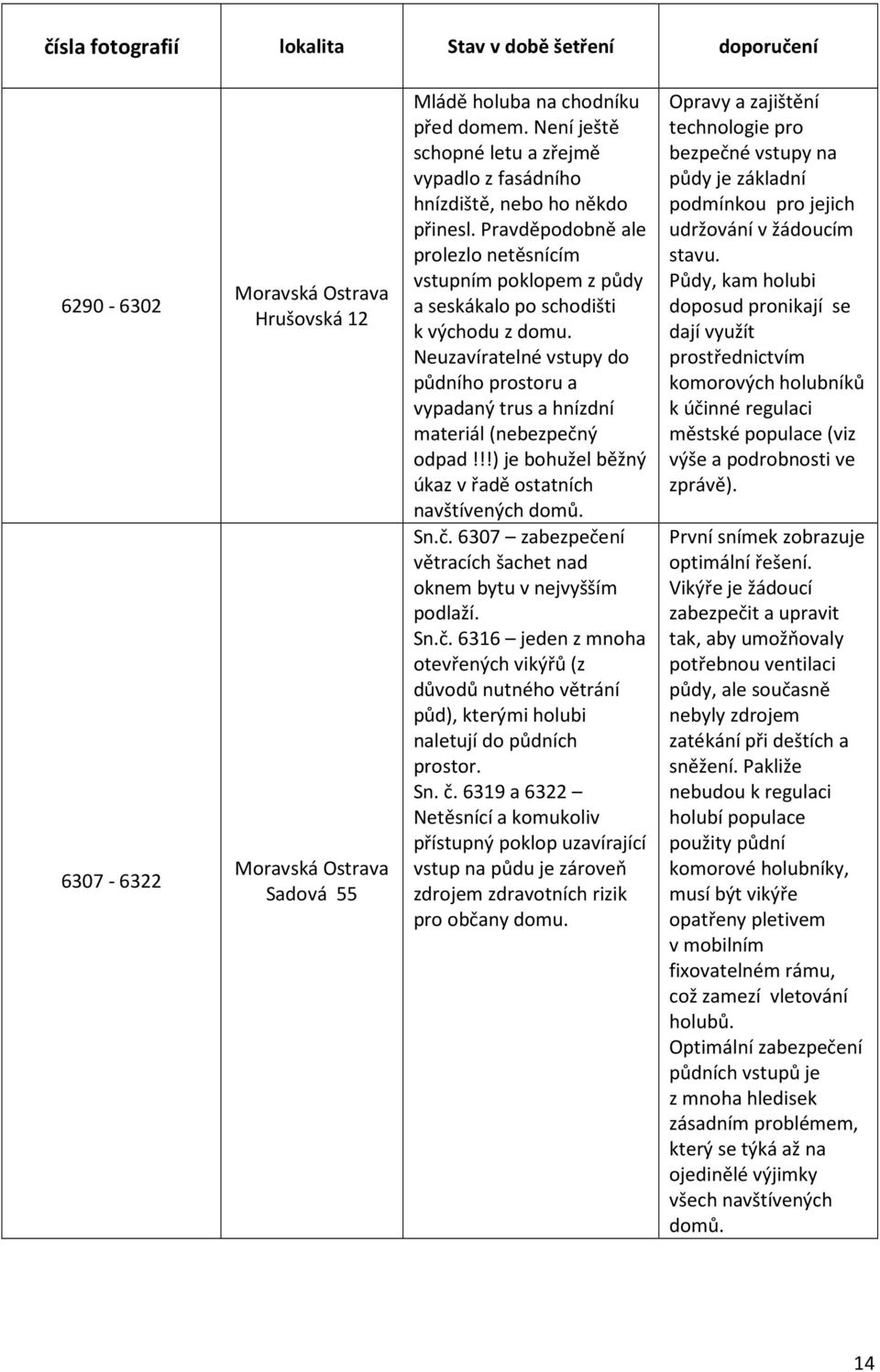 Neuzavíratelné vstupy do půdního prostoru a vypadaný trus a hnízdní materiál (nebezpečný odpad!!!) je bohužel běžný úkaz v řadě ostatních navštívených domů. Sn.č. 6307 zabezpečení větracích šachet nad oknem bytu v nejvyšším podlaží.