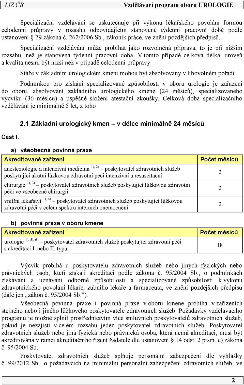 V tomto případě celková délka, úroveň a kvalita nesmí být nižší než v případě celodenní průpravy. Stáže v základním urologickém kmeni mohou být absolvovány v libovolném pořadí.