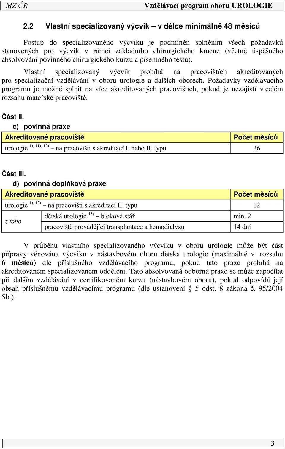 Vlastní specializovaný výcvik probíhá na pracovištích akreditovaných pro specializační vzdělávání v oboru urologie a dalších oborech.