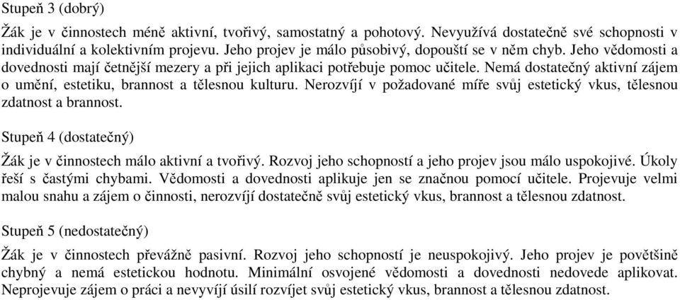 Nemá dostatečný aktivní zájem o umění, estetiku, brannost a tělesnou kulturu. Nerozvíjí v požadované míře svůj estetický vkus, tělesnou zdatnost a brannost.