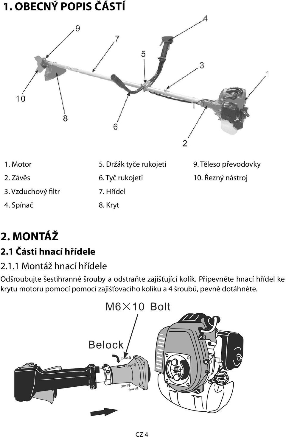 1 Části hnací hřídele 2.1.1 Montáž hnací hřídele Odšroubujte šestihranné šrouby a odstraňte zajišťující kolík.