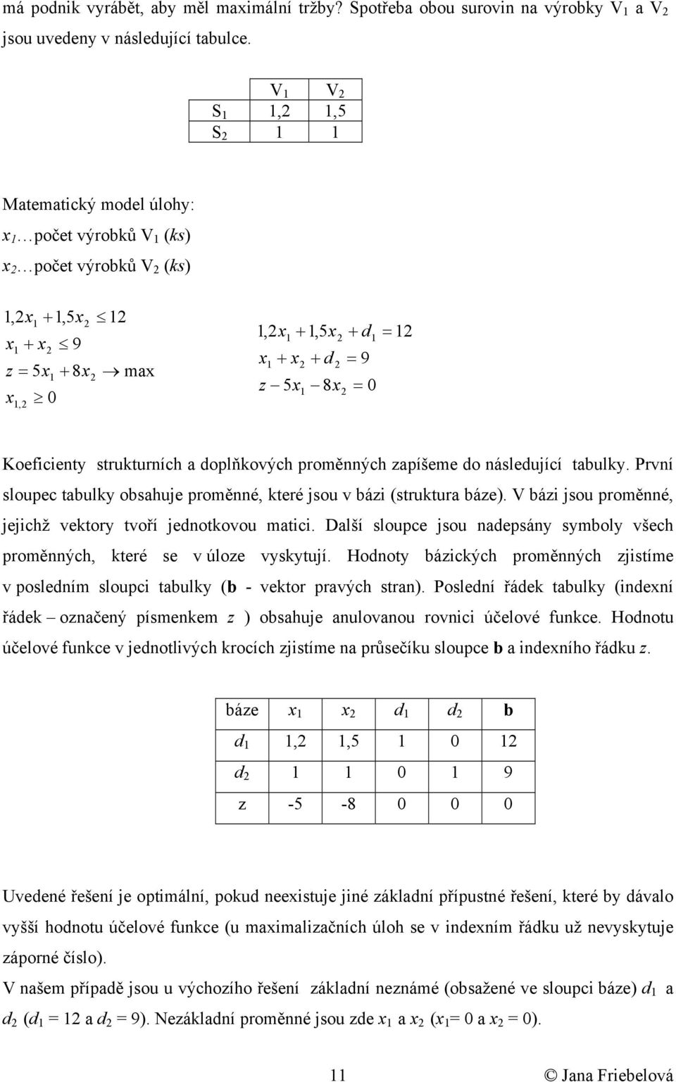 První sloupec taulk osahue proměnné, které sou v áz (struktura áze). V áz sou proměnné, echž vektor tvoří ednotkovou matc. Další sloupce sou nadepsán smol všech proměnných, které se v úloze vsktuí.