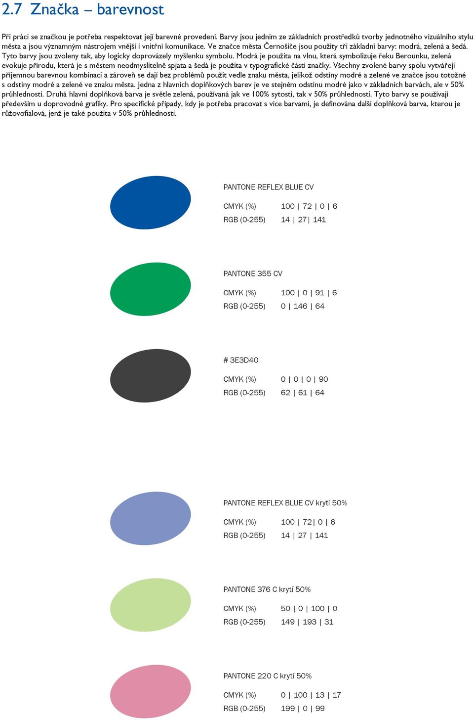 Ve značce města Černošiče jsou použity tři základní barvy: modrá, zelená a šedá. Tyto barvy jsou zvoleny tak, aby logicky doprovázely myšlenku symbolu.