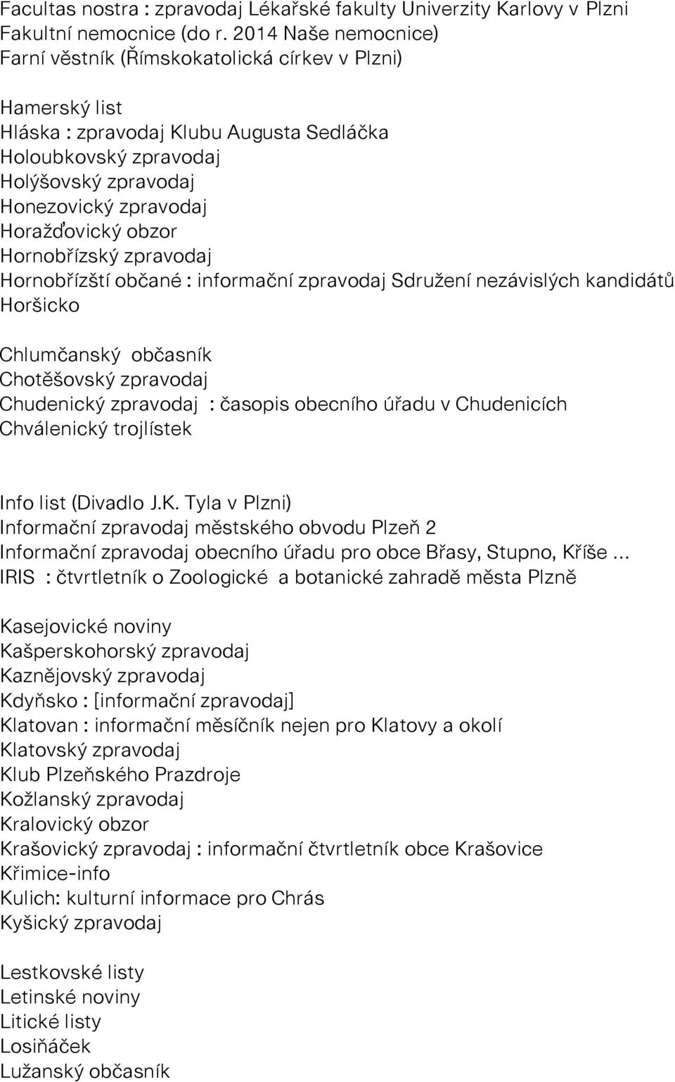 Horažďovický obzor Hornobřízský zpravodaj Hornobřízští občané : informační zpravodaj Sdružení nezávislých kandidátů Horšicko Chlumčanský občasník Chotěšovský zpravodaj Chudenický zpravodaj : časopis