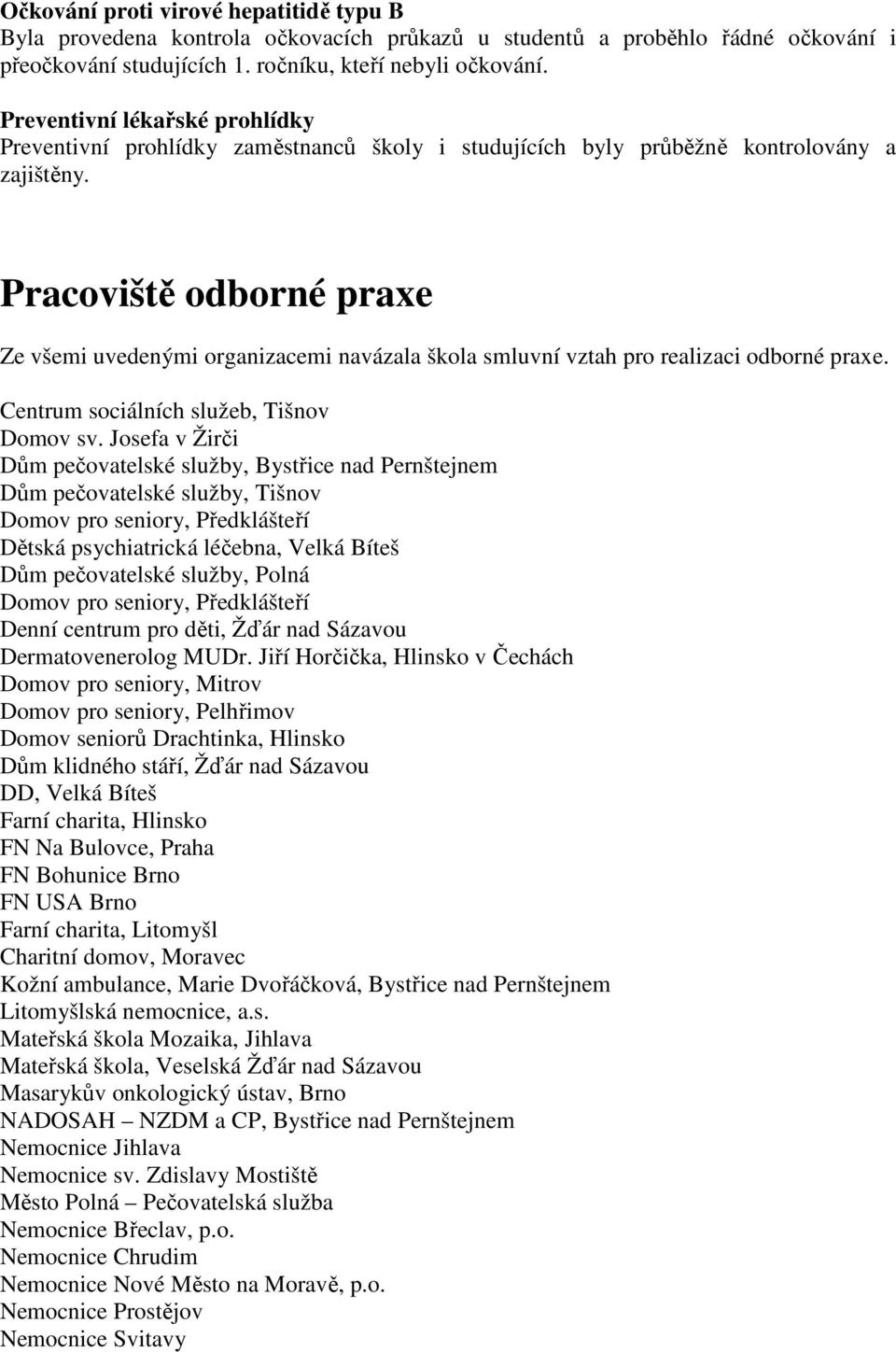 Pracoviště odborné praxe Ze všemi uvedenými organizacemi navázala škola smluvní vztah pro realizaci odborné praxe. Centrum sociálních služeb, Tišnov Domov sv.