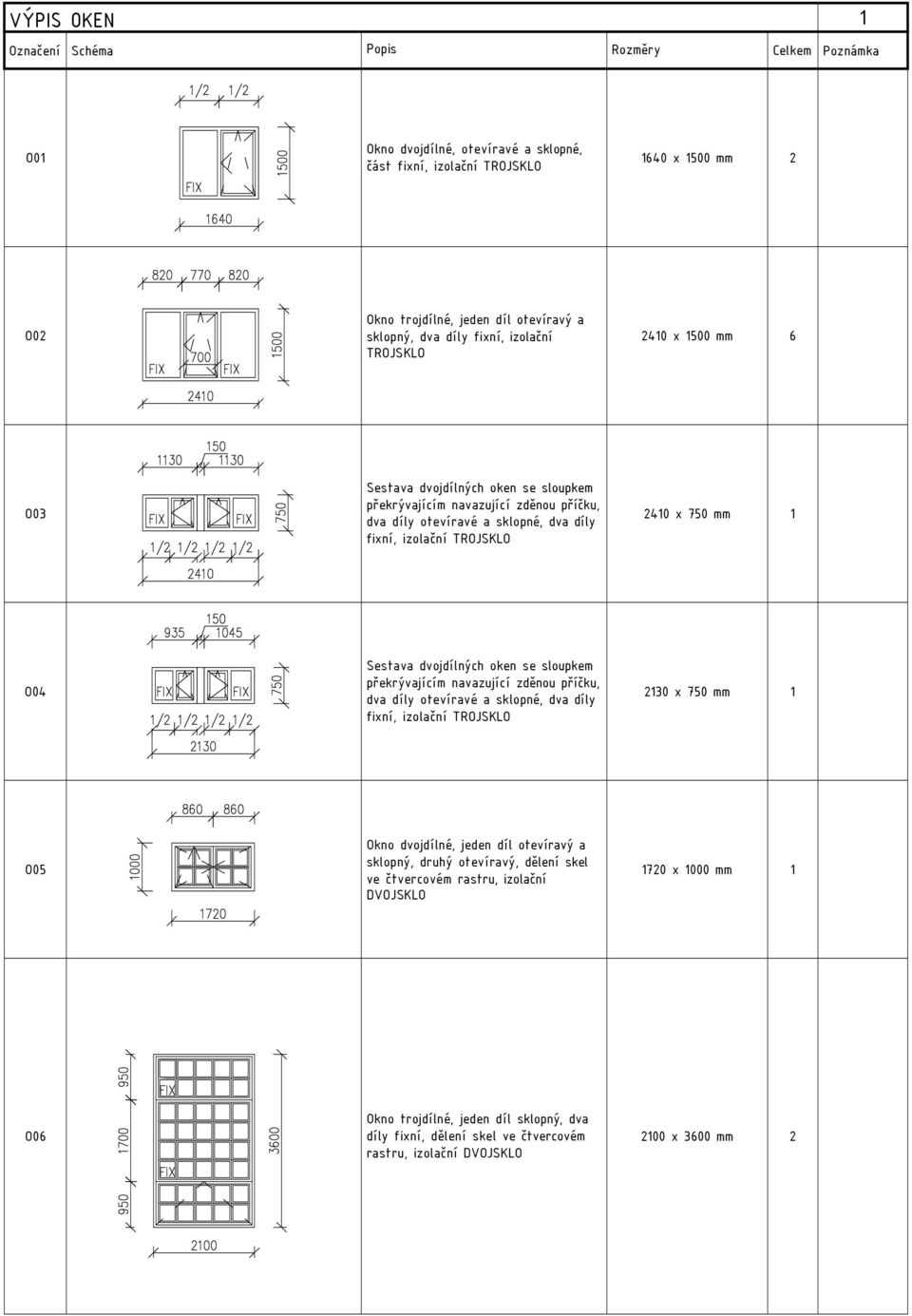oken se sloupkem překrývajícím navazující zděnou příčku, dva díly otevíravé a sklopné, dva díly fixní, izolační TROJSKLO 2130 x 750 mm 1 O05 Okno dvojdílné, jeden díl otevíravý a sklopný, druhý