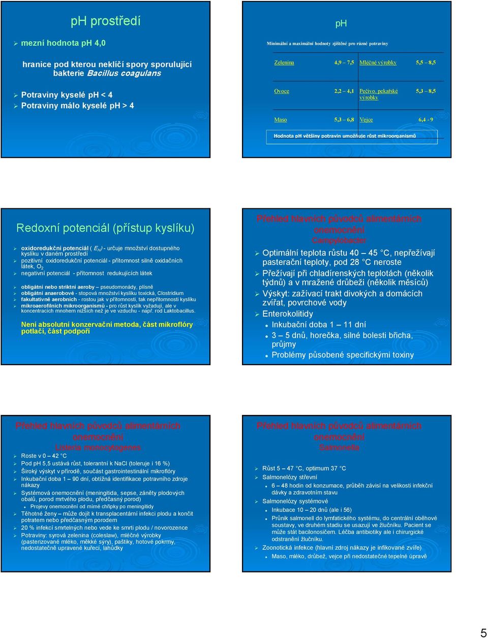 Redoxní potenciál (přístup kyslíku) oxidoredukční potenciál ( E H ) - určuje množství dostupného kyslíku v daném prostředí pozitivní oxidoredukční potenciál - přítomnost silně oxidačních látek, O 2