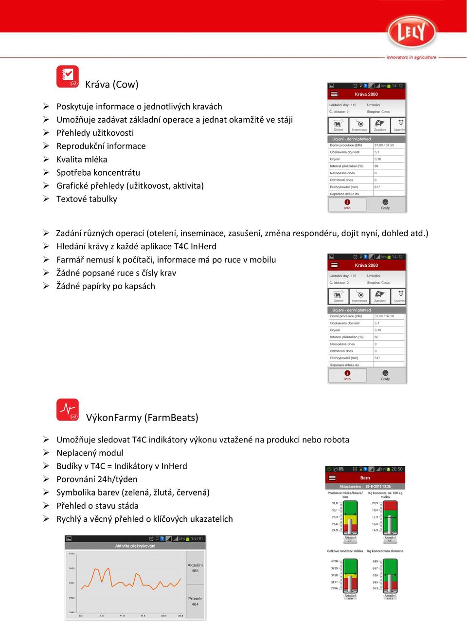 ) Hledání krávy z každé aplikace T4C InHerd Farmář nemusí k počítači, informace má po ruce v mobilu Žádné popsané ruce s čísly krav Žádné papírky po kapsách VýkonFarmy (FarmBeats) Umožňuje