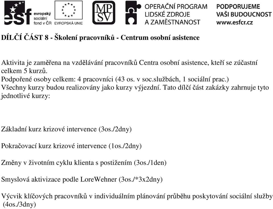 Tato dílčí část zakázky zahrnuje tyto jednotlivé kurzy: Základní kurz krizové intervence (3os./2dny) Pokračovací kurz krizové intervence (1os.