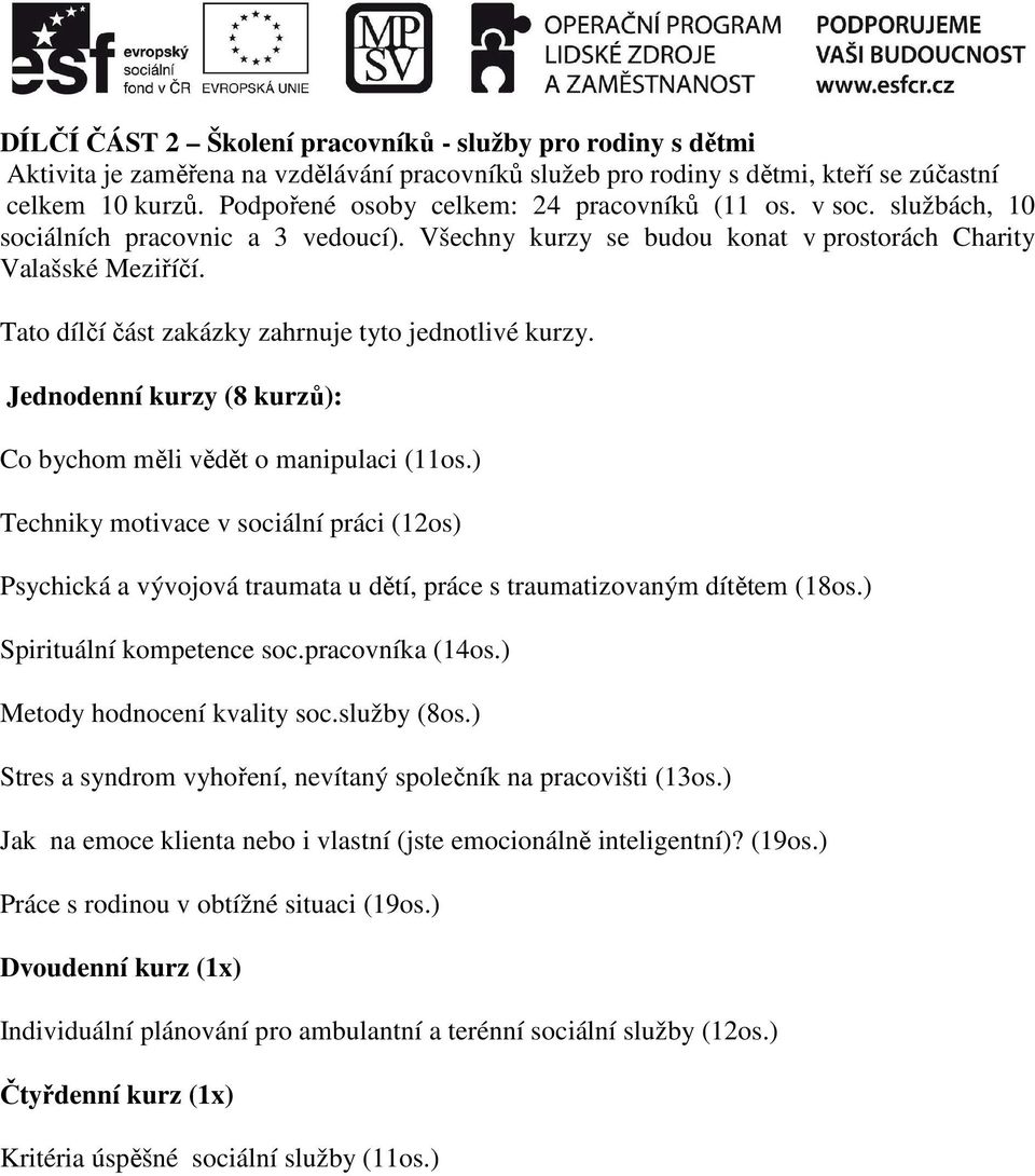 Tato dílčí část zakázky zahrnuje tyto jednotlivé kurzy. Jednodenní kurzy (8 kurzů): Co bychom měli vědět o manipulaci (11os.