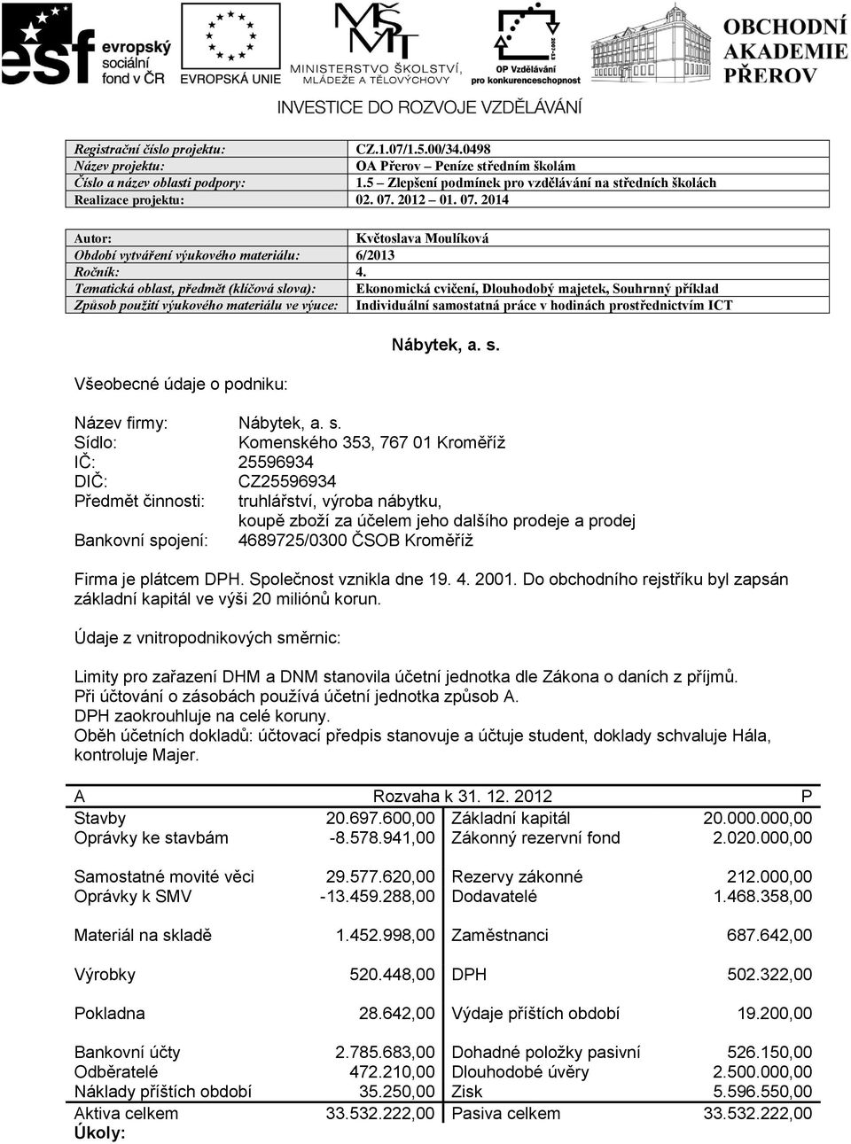 Tematická oblast, předmět (klíčová slova): Ekonomická cvičení, Dlouhodobý majetek, Souhrnný příklad Způsob použití výukového materiálu ve výuce: Individuální samostatná práce v hodinách