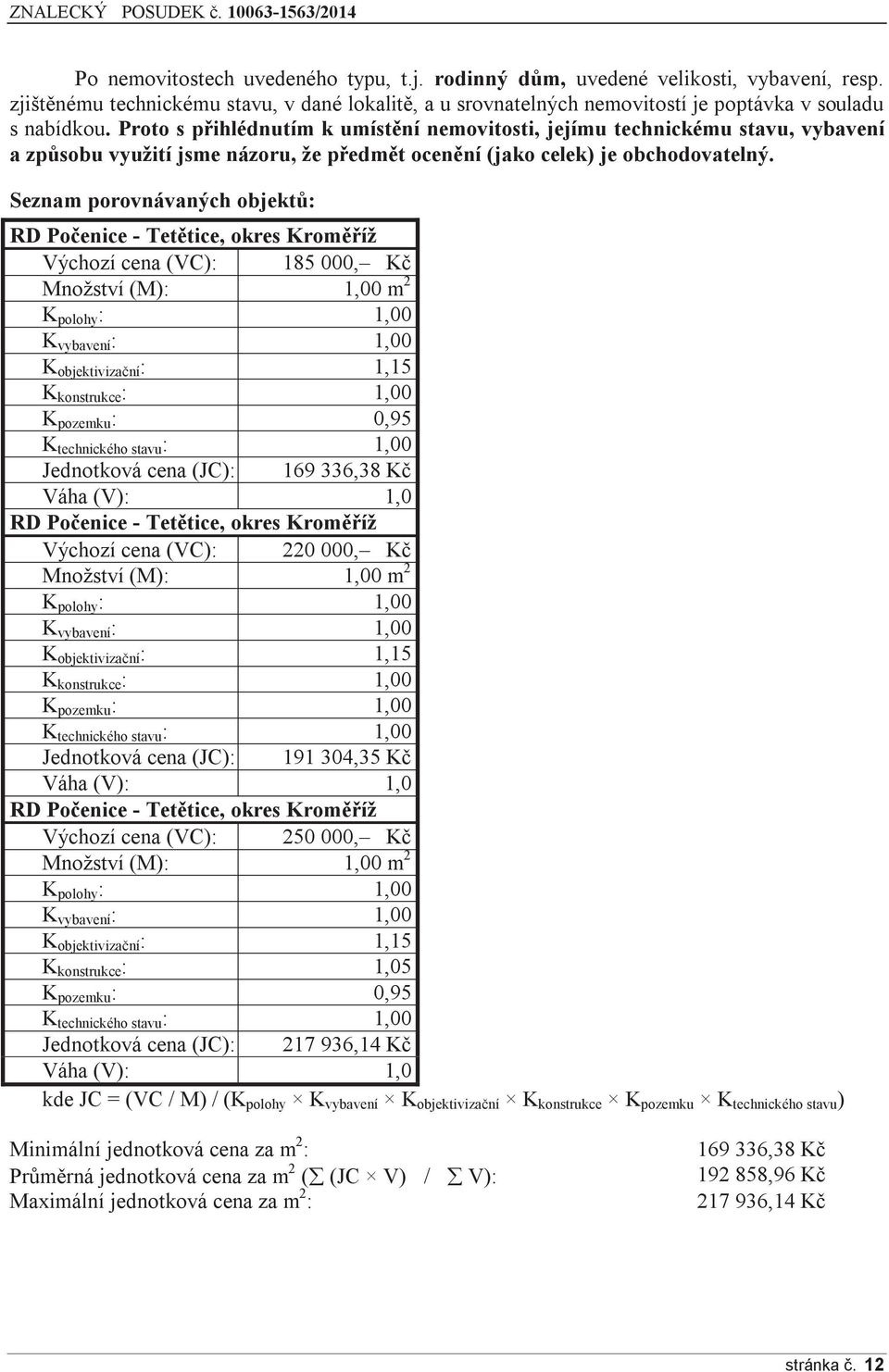 Seznam porovnávaných objektů: RD Počenice - Tetětice, okres Kroměříž Výchozí cena (VC): 185 000, Kč Množství (M): 1,00 m 2 K polohy : 1,00 K vybavení : 1,00 K objektivizační : 1,15 K konstrukce :