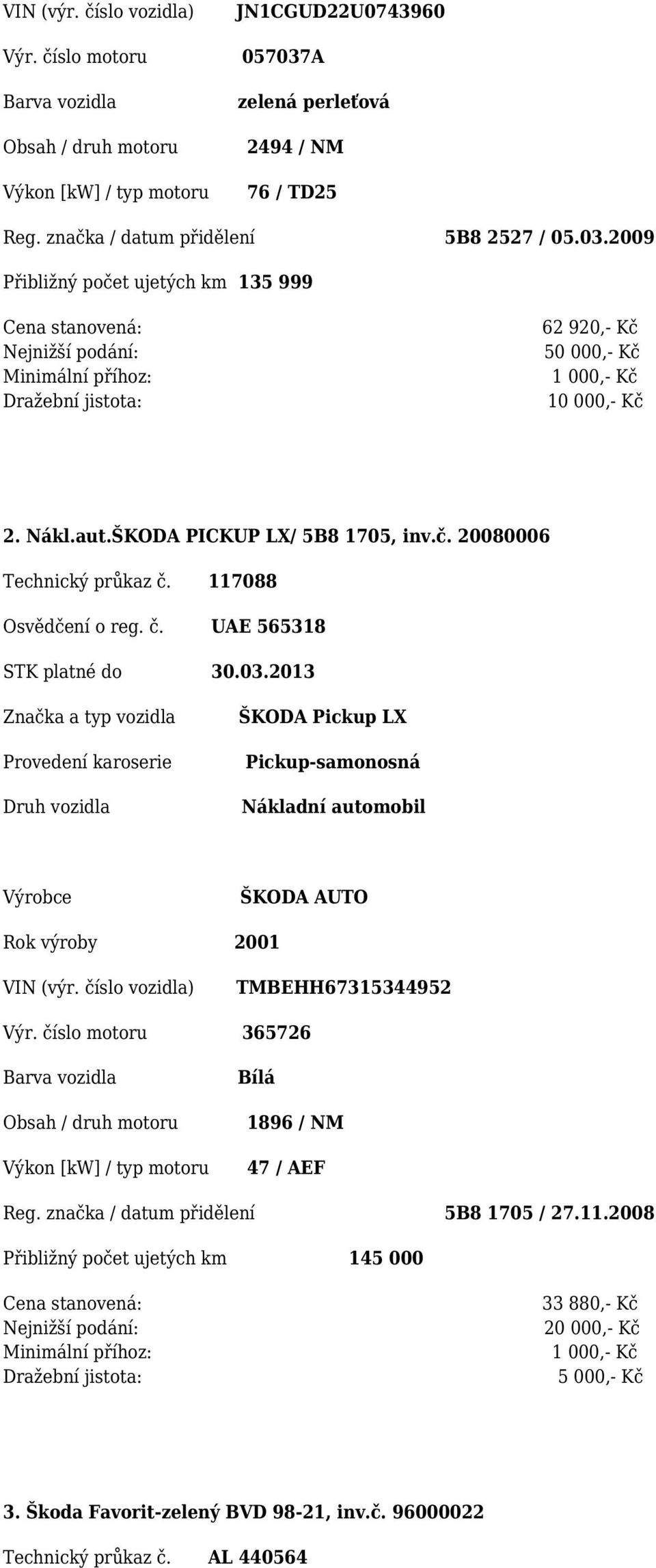 2013 ŠKODA Pickup LX Pickup-samonosná Nákladní automobil ŠKODA AUTO Rok výroby 2001 TMBEHH67315344952 Výr. číslo motoru 365726 Bílá 1896 / NM 47 / AEF Reg.