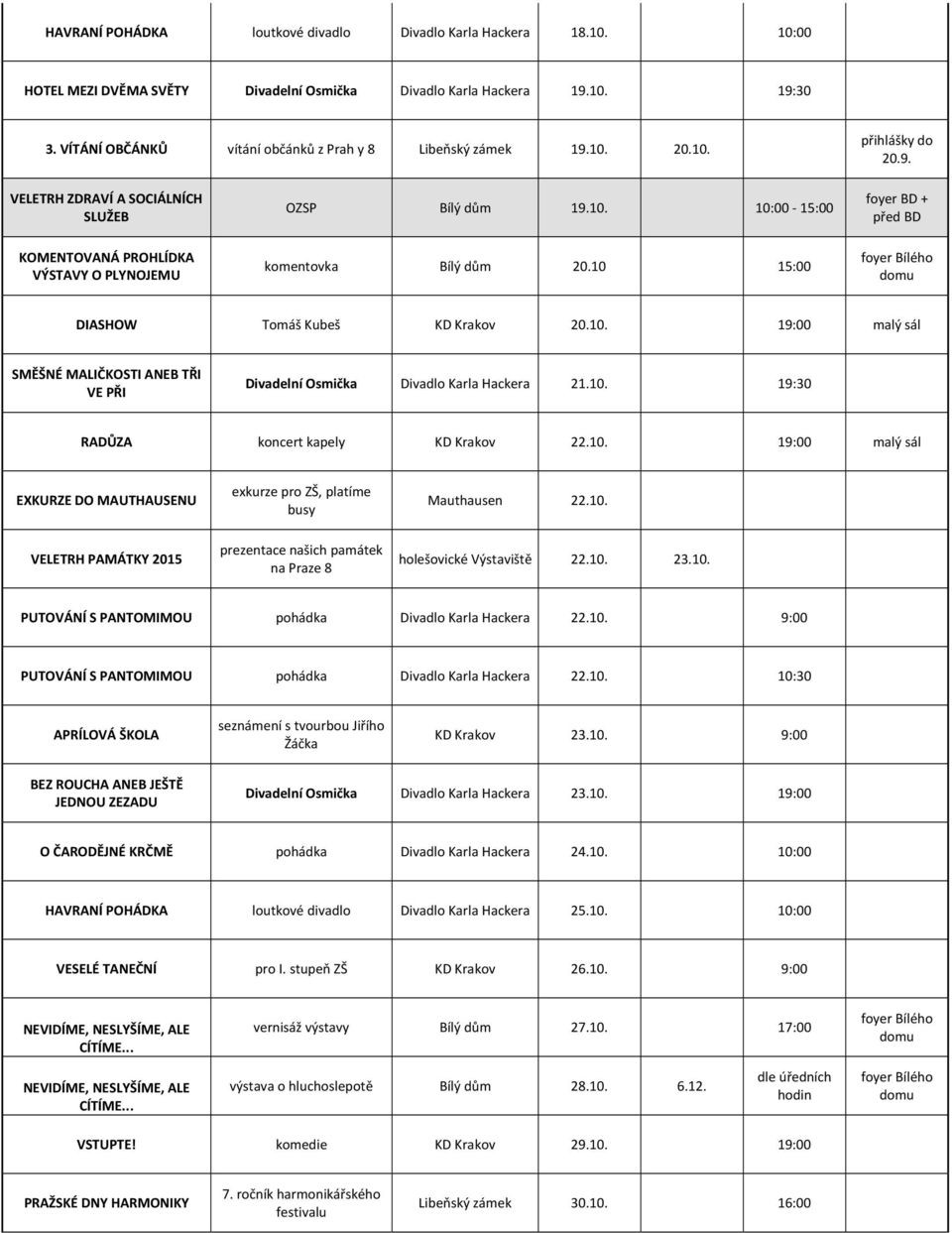10 15:00 foyer BD + před BD DIASHOW Tomáš Kubeš KD Krakov 20.10. 19:00 malý sál SMĚŠNÉ MALIČKOSTI ANEB TŘI VE PŘI Divadelní Osmička Divadlo Karla Hackera 21.10. 19:30 RADŮZA koncert kapely KD Krakov 22.