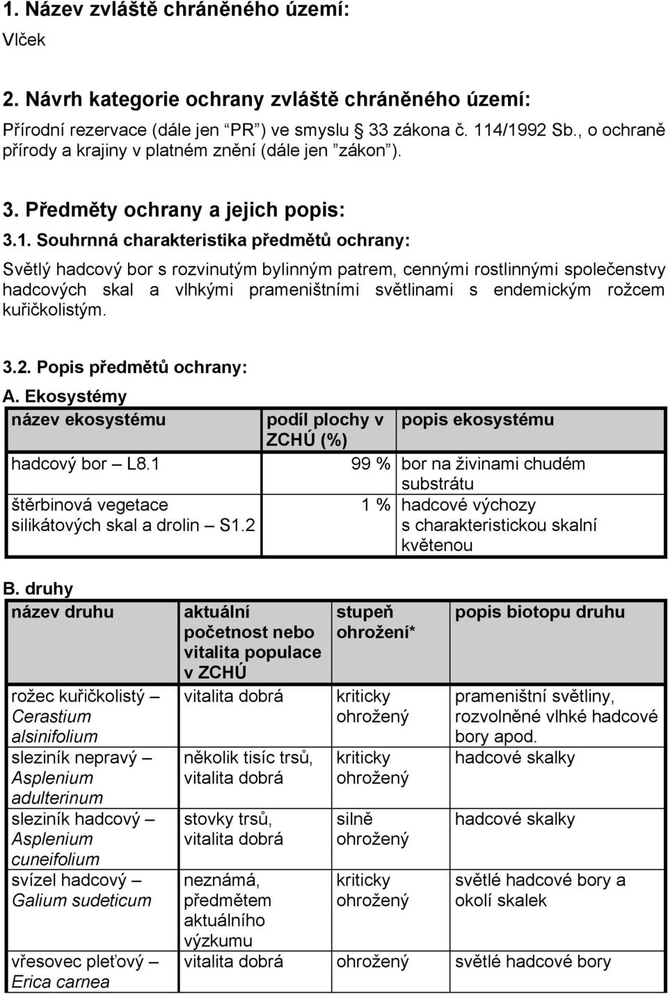 Souhrnná charakteristika předmětů ochrany: Světlý hadcový bor s rozvinutým bylinným patrem, cennými rostlinnými společenstvy hadcových skal a vlhkými prameništními světlinami s endemickým rožcem