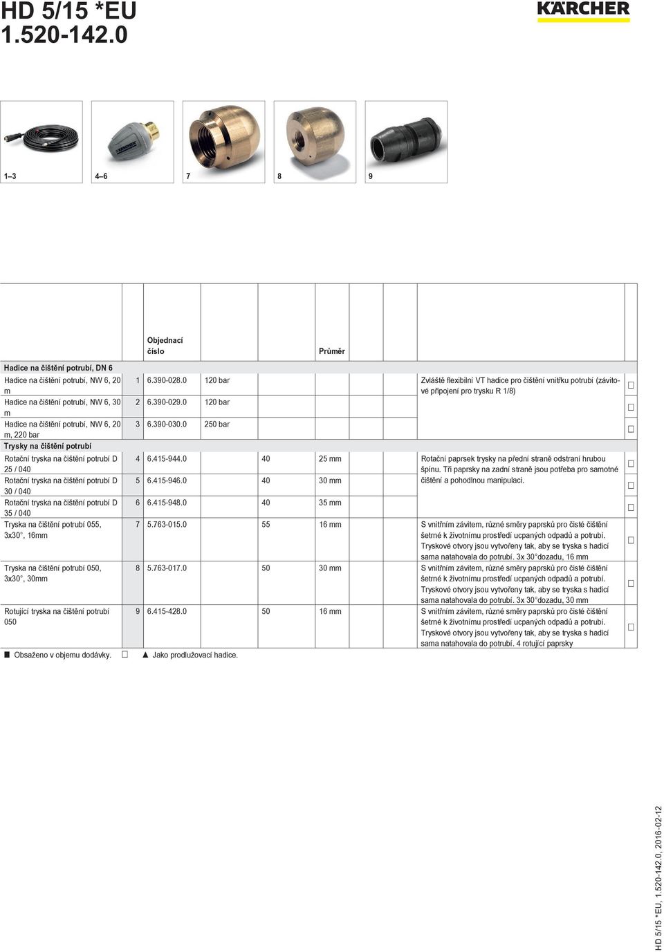potrubí 050, 3x30, 30mm Rotující tryska na čištění potrubí 050 Průměr 1 6.390-028.0 120 bar Zvláště flexibilní VT hadice pro čištění vnitřku potrubí (závitové připojení pro trysku R 1/8) 2 6.390-029.
