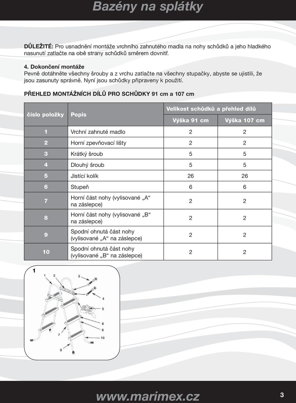 PŘEHLED MONTÁŽNÍCH DÍLŮ PRO SCHŮDKY 91 cm a 107 cm číslo položky Popis Velikost schůdků a přehled dílů Výška 91 cm Výška 107 cm 1 Vrchní zahnuté madlo 2 2 2 Horní zpevňovací lišty 2 2 3 Krátký šroub