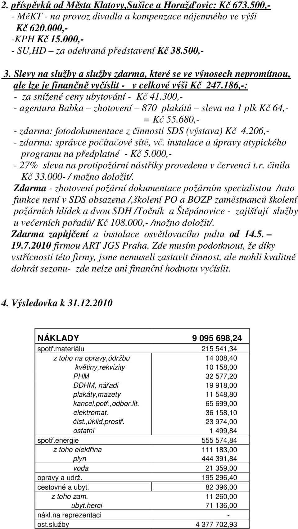 300,- - agentura Babka zhotovení 870 plakátů sleva na 1 plk Kč 64,- = Kč 55.680,- - zdarma: fotodokumentace z činnosti SDS (výstava) Kč 4.206,- - zdarma: správce počítačové sítě, vč.