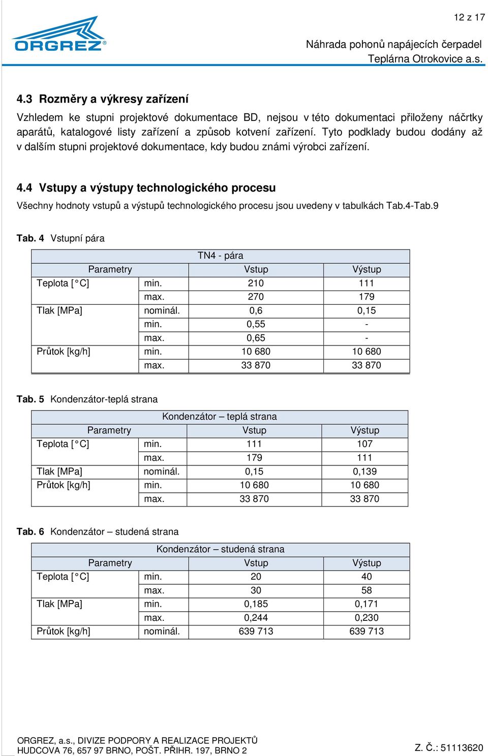 4 Vstupy a výstupy technologického procesu Všechny hodnoty vstupů a výstupů technologického procesu jsou uvedeny v tabulkách Tab.4-Tab.9 Tab.